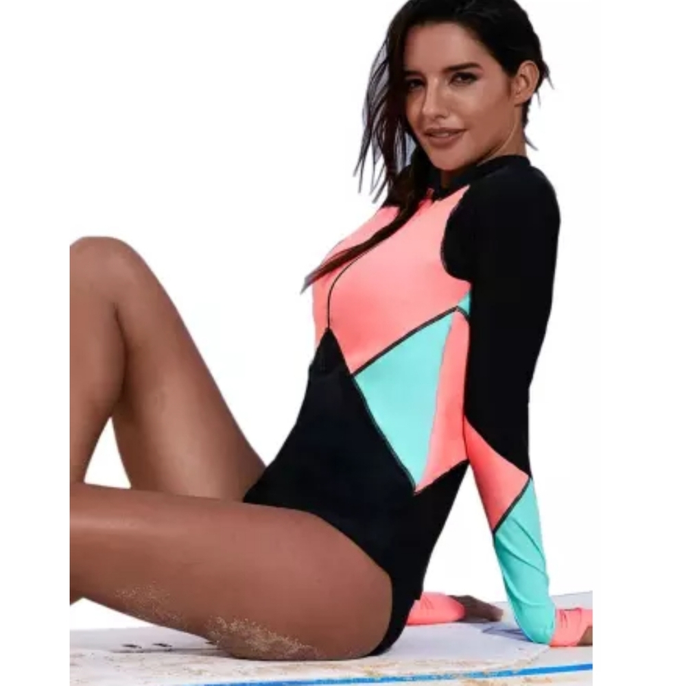 Zip Up Neckline Color Block Rashguard Top Only - Picture 3 of 4